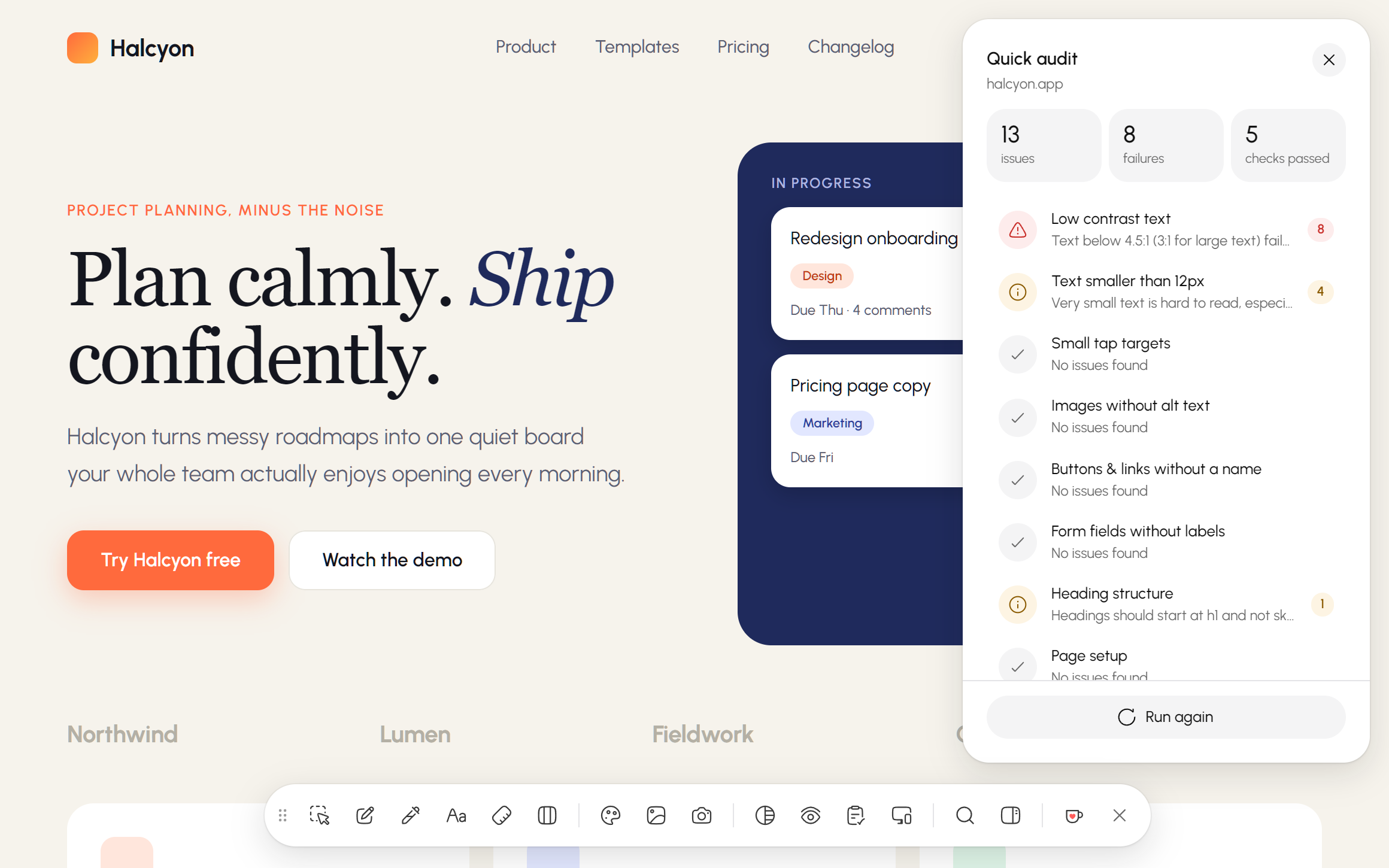 Quick audit panel with low-contrast and small-text issues