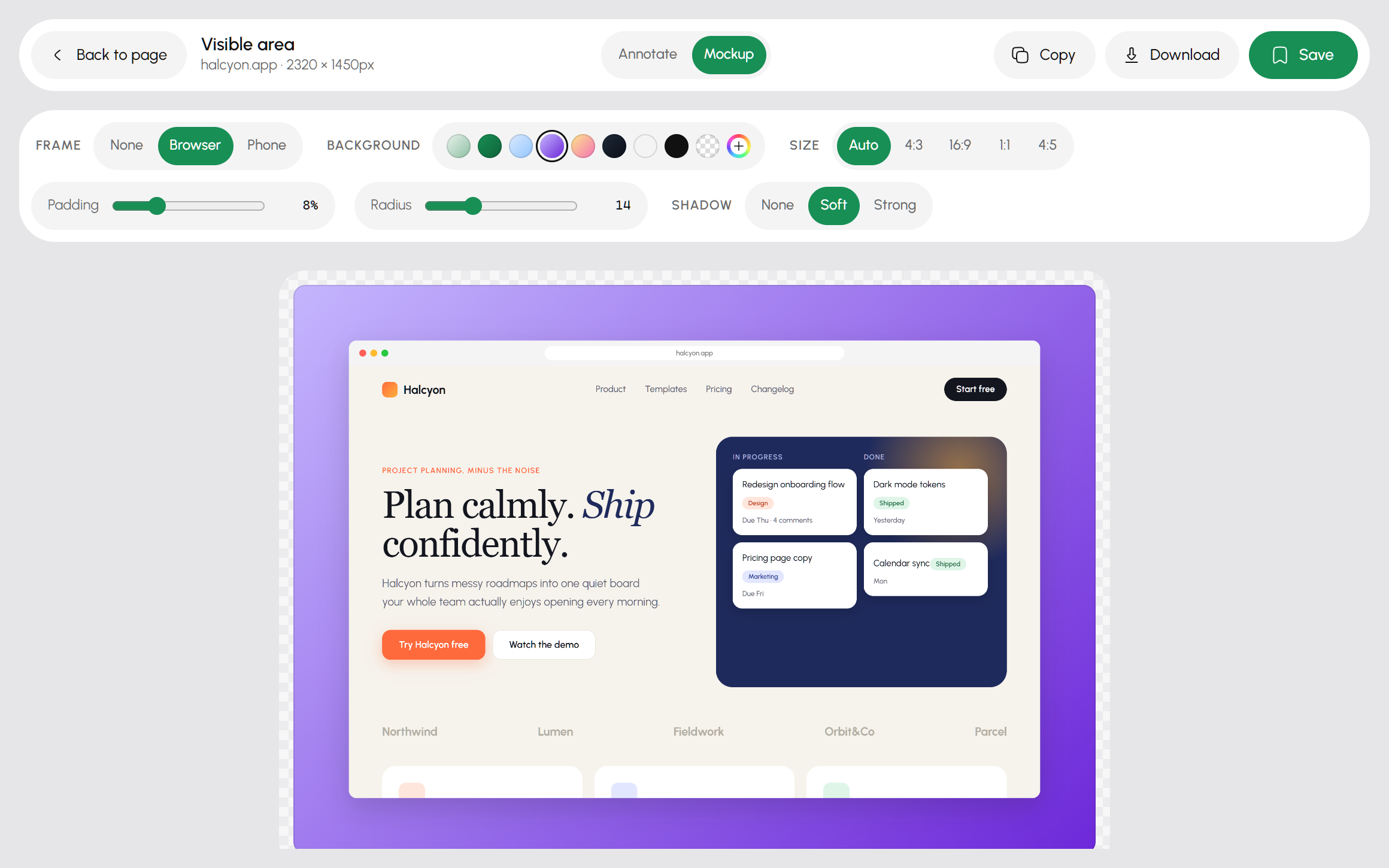 Screenshot editor in mockup mode: a website inside a browser frame on a purple gradient