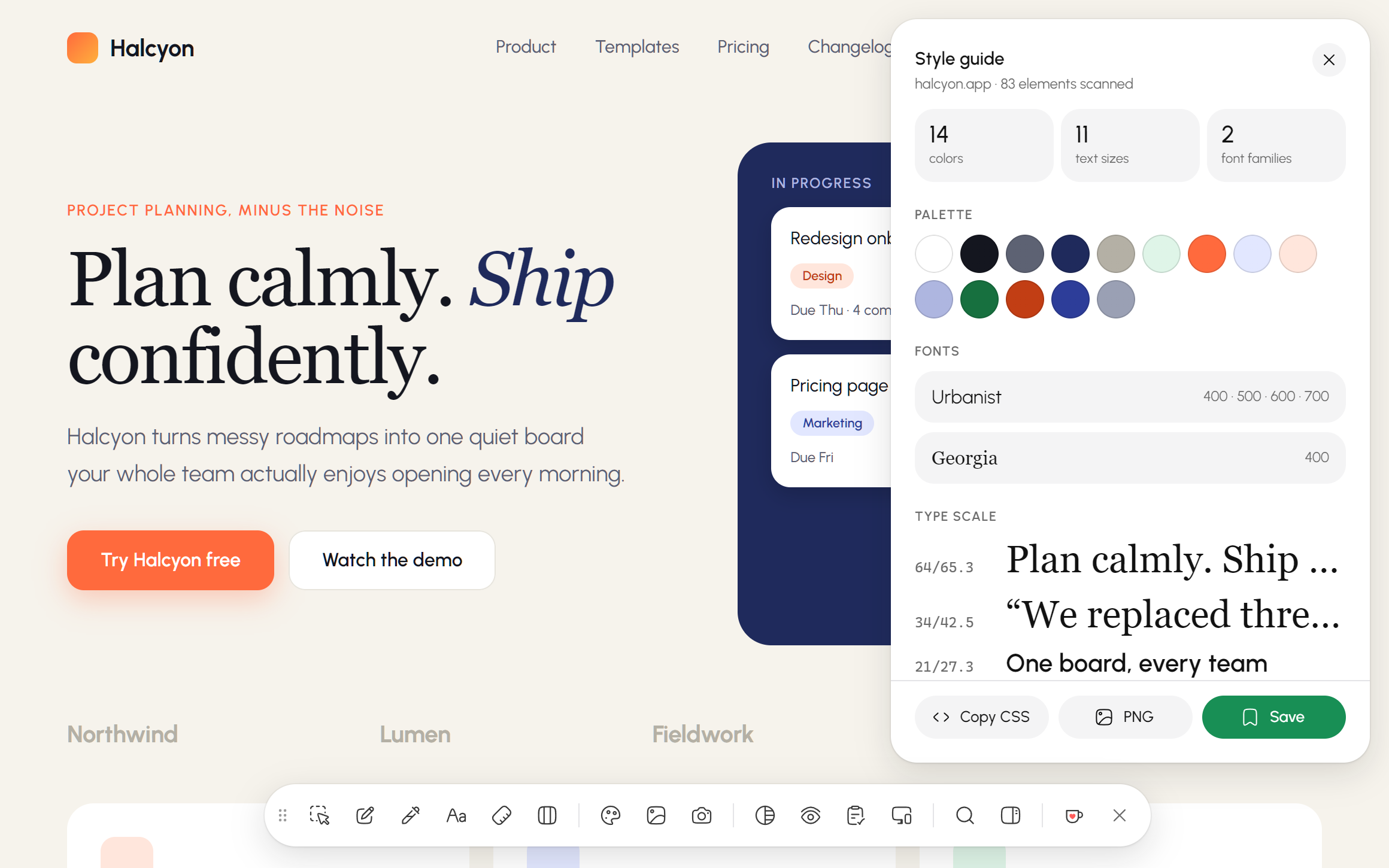 Style guide panel listing the page's colours, fonts and type scale